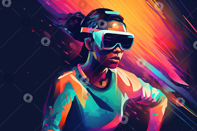 Скачать Молодая афроамериканка, использующая очки виртуальной реальности, красочную иллюстрацию шлема виртуальной реальности vital. Порождающий искусственный интеллект фотосток Ozero