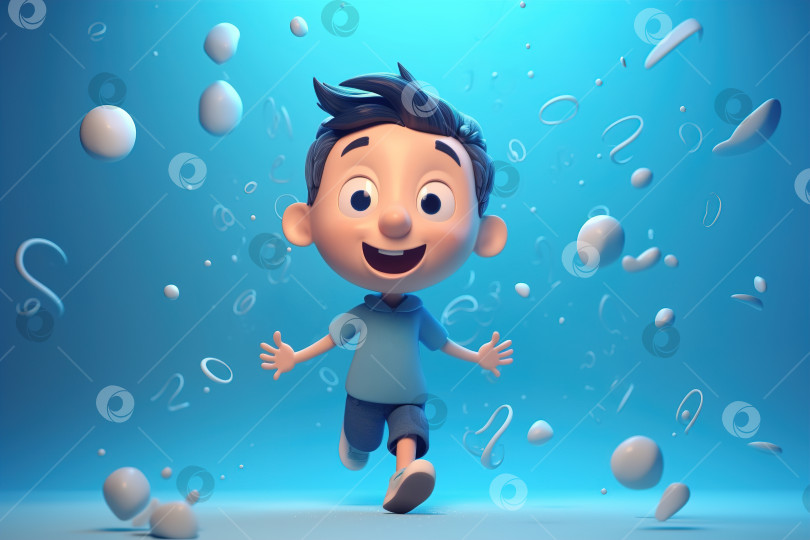 Скачать Детство, радостный активный кавказский мальчик, бегущий вперед. Портрет симпатичного детского персонажа на синем фоне. Объемная каракулевая иллюстрация генеративного искусственного интеллекта фотосток Ozero