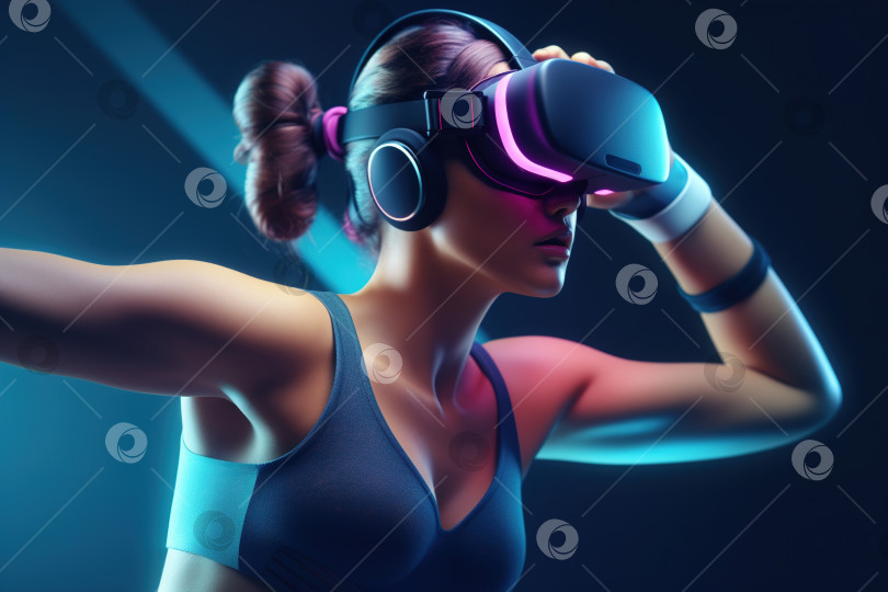 Скачать Спорт и фитнес будущего, симпатичная стройная спортивная женщина, тренирующаяся в очках виртуальной реальности, движение в шлеме виртуальной реальности. Иллюстрация генеративного искусственного интеллекта фотосток Ozero