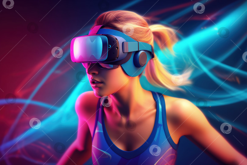Скачать Симпатичная стройная спортивная женщина тренируется в очках виртуальной реальности, фантастическая иллюстрация кавказской спортсменки, тренирующейся в шлеме виртуальной реальности. Спорт и фитнес будущего. Порождающий искусственный интеллект фотосток Ozero