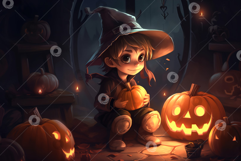 Скачать Осенний традиционный праздник Хэллоуин, милый маленький ребенок в волшебной шляпе сидит с тыквами. Мультяшная иллюстрация генеративного искусственного интеллекта фотосток Ozero