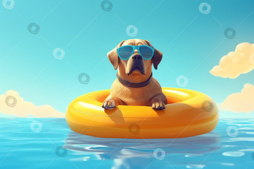 Скачать Классная забавная собачка в солнцезащитных очках плавает на надувном кольце в воде в солнечный день. Анимационная иллюстрация Генеративный искусственный интеллект фотосток Ozero