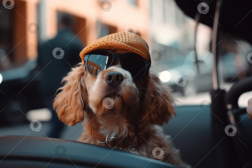 Скачать Забавный породистый пес спаниель в солнцезащитных очках и шляпе едет в машине и смотрит на улицу, классный питомец в кабриолете во время дорожной поездки. Искусственный интеллект, порождающий животных фотосток Ozero