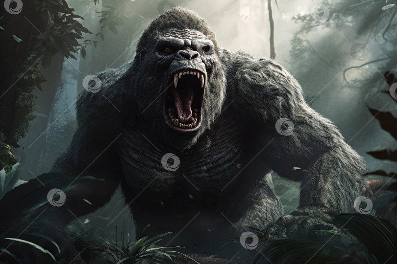 Скачать Разъяренная кричащая горилла Кинг-Конг, кричащая в джунглях, агрессивная большая обезьяна с открытой пастью и клыками в лесу. Иллюстрация искусственного интеллекта, порождающего диких животных фотосток Ozero