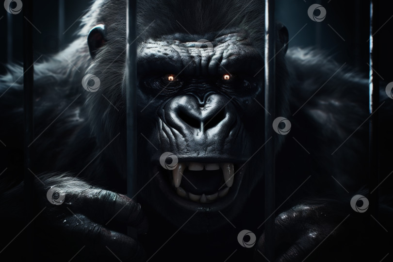 Скачать Опасная злая горилла за железной решеткой, страшная обезьяна в неволе. Иллюстрация искусственного интеллекта, порождающего диких животных фотосток Ozero