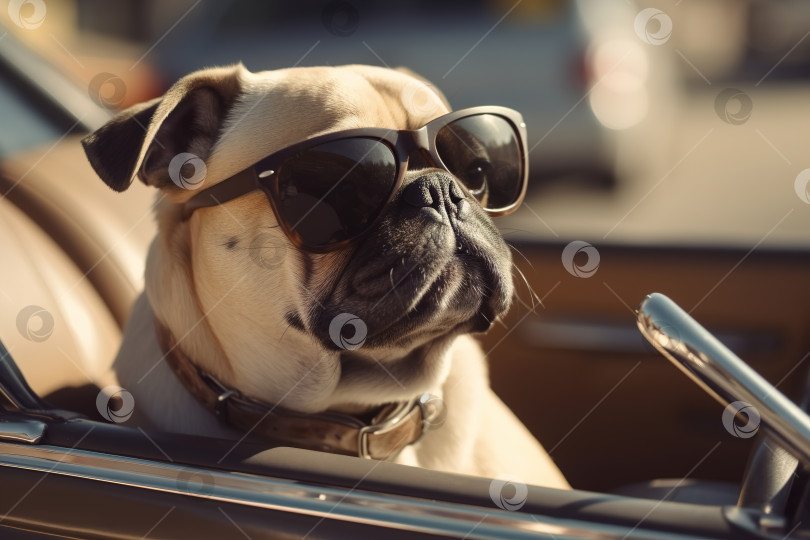 Скачать Крутая собака в солнцезащитных очках едет в машине на открытом воздухе, забавный домашний мопс в кабриолете в дорожной поездке. Искусственный интеллект, порождающий животных фотосток Ozero