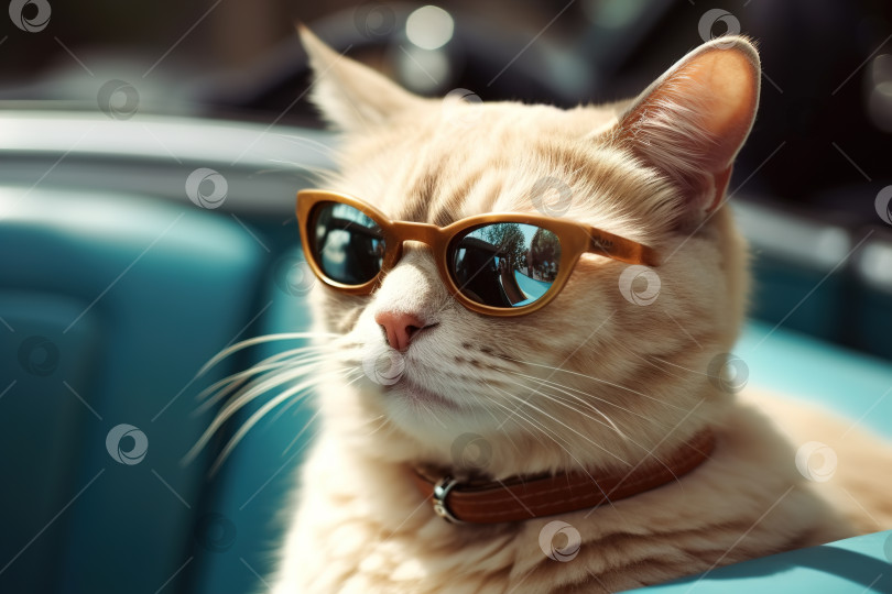 Скачать Классный кот в солнцезащитных очках едет в машине на открытом воздухе, забавный питомец в кабриолете в дорожной поездке. Искусственный интеллект, порождающий животных фотосток Ozero