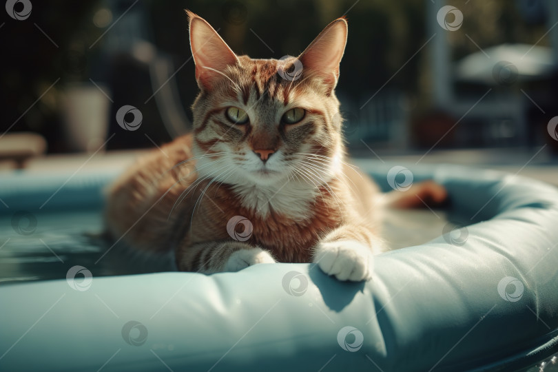 Скачать Рыжий кот отдыхает в бассейне в солнечный день, питомец лежит в воде на открытом воздухе и смотрит в камеру. Каникулы животных, генеративный искусственный интеллект фотосток Ozero