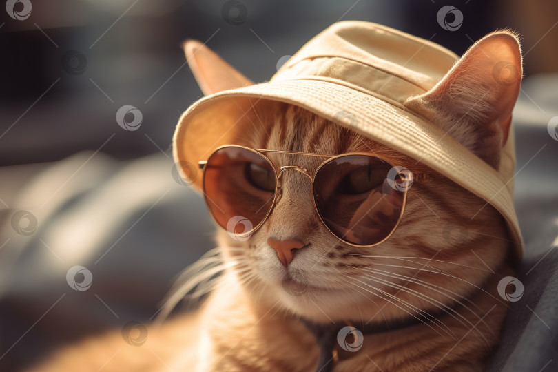 Скачать Классный кот в солнцезащитных очках в машине, забавный питомец в шляпе едет в кабриолете по дороге в солнечный день. Искусственный интеллект, порождающий животных фотосток Ozero