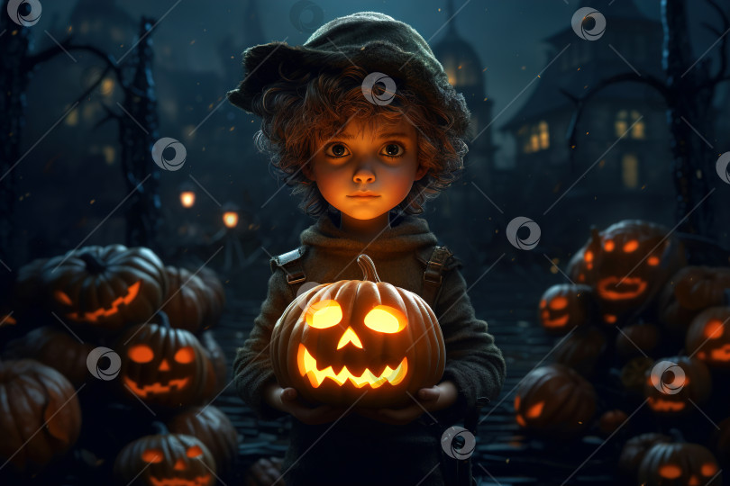 Скачать Кудрявый ребенок, держащий в руках светящуюся злую тыкву на Хэллоуин, портрет милого средневекового ребенка ночью в деревне. Мистическая мультяшная иллюстрация генеративного искусственного интеллекта фотосток Ozero