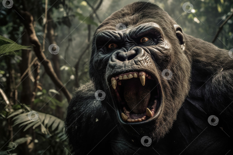 Скачать Крупный план кричащей агрессивной гориллы в джунглях. Иллюстрация искусственного интеллекта, порождающего злых диких животных-приматов фотосток Ozero