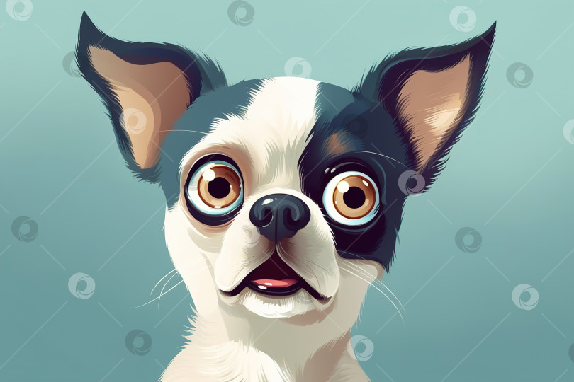 Скачать Забавная маленькая собачка, шокирующая эмоцией на лице, портрет любимого щенка с большими глазами и выражением удивления на открытом рту, смотрящего в камеру. Иллюстрация к животным фотосток Ozero