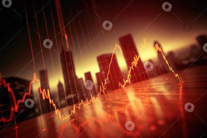 Скачать Красный биржевой график падения и убытков на фоне небоскребов. Финансовая бизнес-концепция инвестирования и торговли, иллюстрация фотосток Ozero