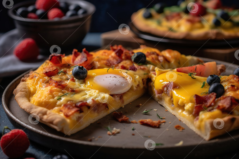 Скачать Свежая домашняя пицца с яйцом, сыром и ягодами на деревянной доске в помещении, пицца для завтрака фотосток Ozero