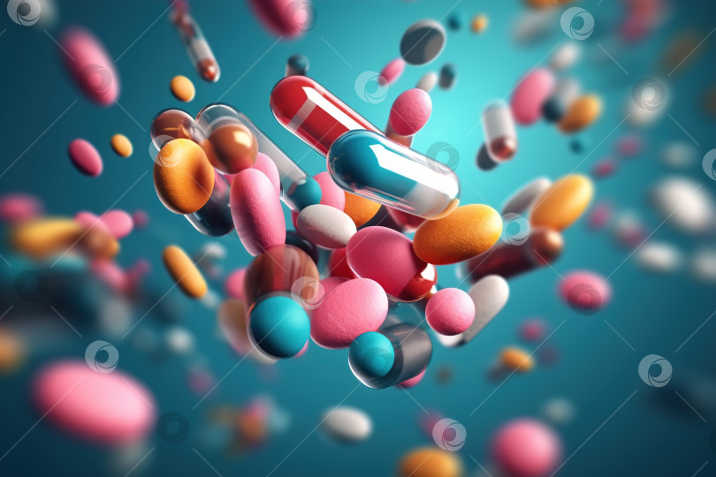 Скачать Фармация и медицина, концепция антидепрессантов. Разноцветные таблетки и капсулы с лекарствами летят во все стороны. Размытие при движении, крупный план фотосток Ozero