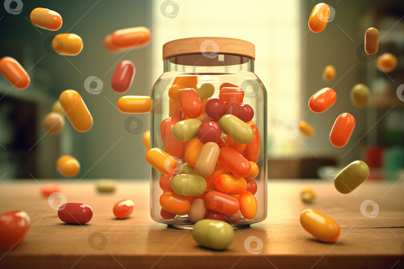 Скачать Баночка с лекарственными капсулами, левитирующие таблетки в помещении. Иллюстрация на тему медицины и лечения фотосток Ozero