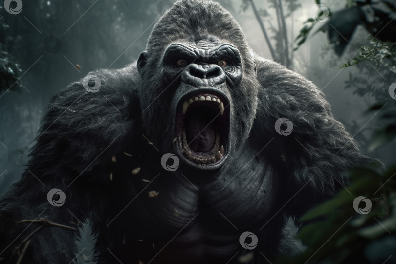 Скачать Вид спереди сильно кричащая агрессивная горилла Кинг-Конг в джунглях, большая обезьяна с открытым ртом в лесу. Иллюстрация искусственного интеллекта, порождающего диких животных фотосток Ozero