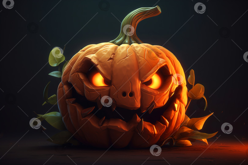 Скачать Тыква на Хэллоуин, украшенная злобным выражением лица с горящими глазами, крупным планом фотосток Ozero