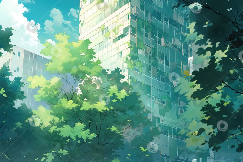 Скачать Парк и небоскреб, городская среда в солнечный день аниме-иллюстрация фотосток Ozero