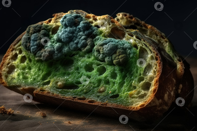 Скачать Зеленая плесень на хлебе, продукты питания крупным планом и вредные споры опасных грибов-бактерий фотосток Ozero