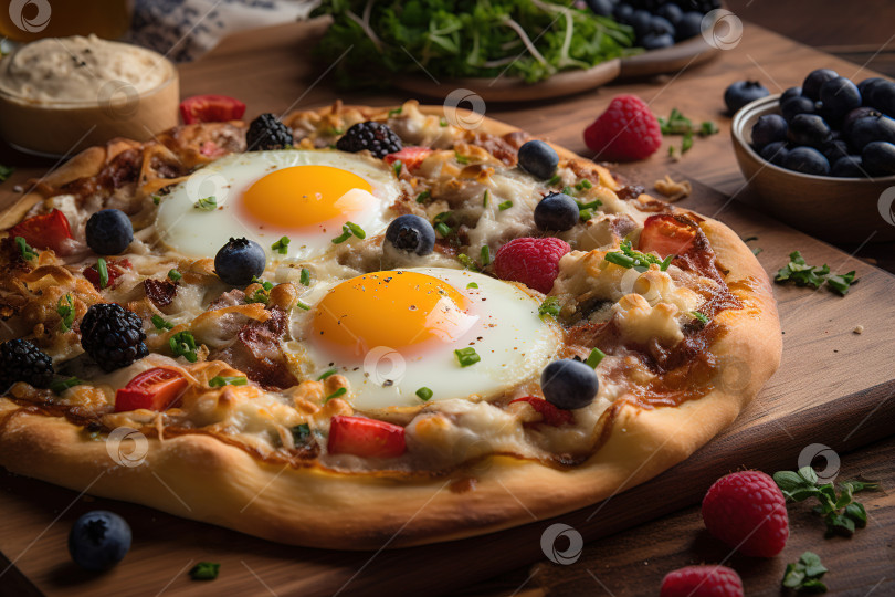 Скачать Пицца на завтрак. Пицца крупным планом с яйцом и фруктовыми ягодами на столе с ингредиентами фотосток Ozero