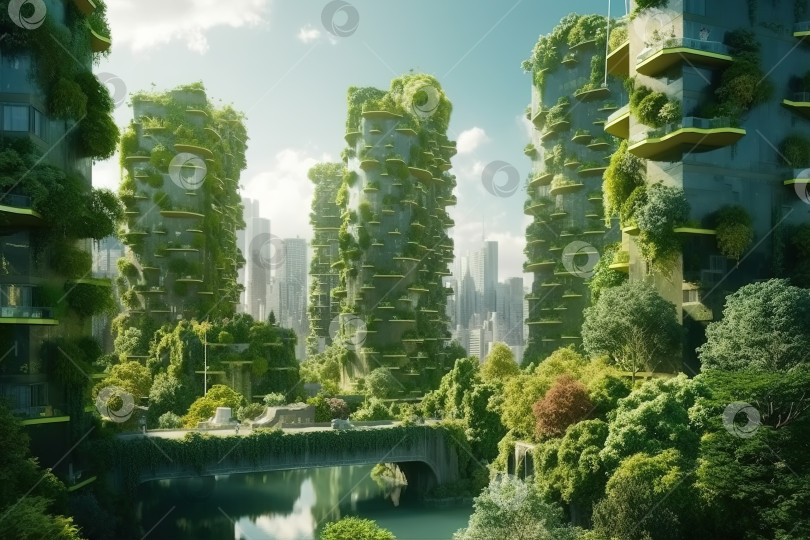 Скачать Небоскребы в зелени и садах, современный зеленый город, эко-концепция. Иллюстрация фотосток Ozero