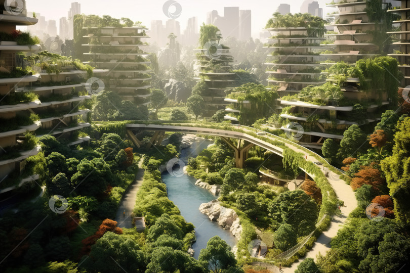 Скачать Футуристический современный зеленый город, эко-концепция. Небоскребы и дороги, утопающие в зелени и насаждениях деревьев, экологичная городская инфраструктура, чистый воздух. Иллюстрация фотосток Ozero