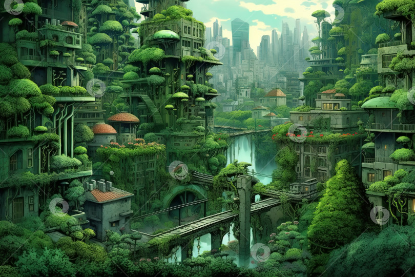 Скачать Зеленый эко-город. Сады и деревья на крышах зданий, иллюстрация из аниме фотосток Ozero