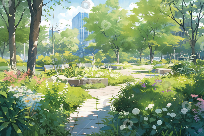Скачать Зеленый парк в городе в солнечный день, иллюстрация аниме "Экологическая среда" фотосток Ozero