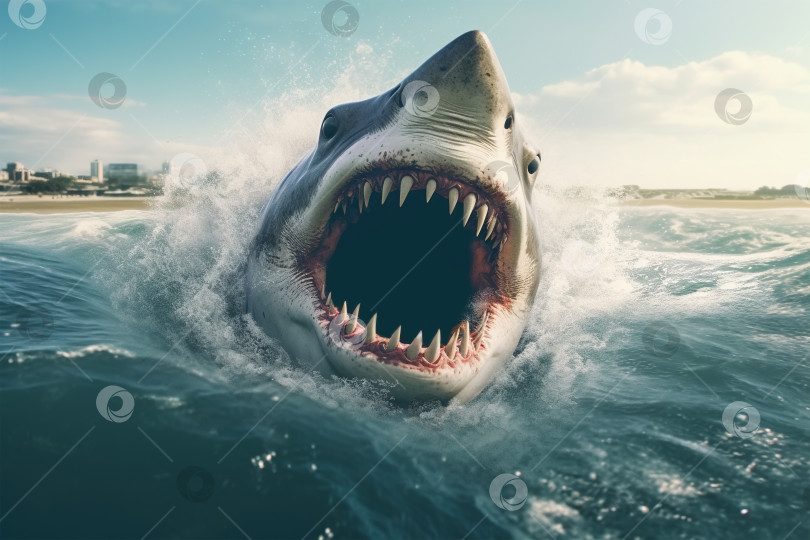 Скачать Атакуйте агрессивную акулу, опасную водную хищную рыбу с большими челюстями и открытым ртом фотосток Ozero