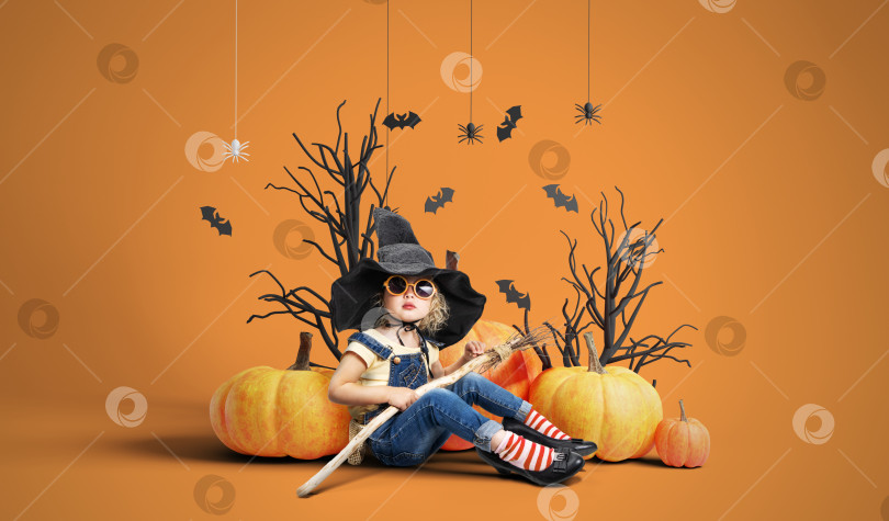 Скачать Маленькая девочка в большой ведьминой шляпе и с метлой в руках сидит на фоне декораций к празднику Хэллоуин. Студийный портрет изолят. фотосток Ozero