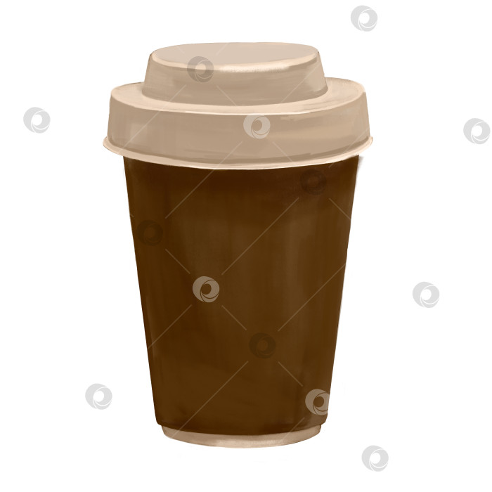 Скачать Бумажный стаканчик с крышкой для горячего кофе. Цифровая рисованная иллюстрация, выделенная на белом фоне. Нарисованная от руки иллюстрация фотосток Ozero