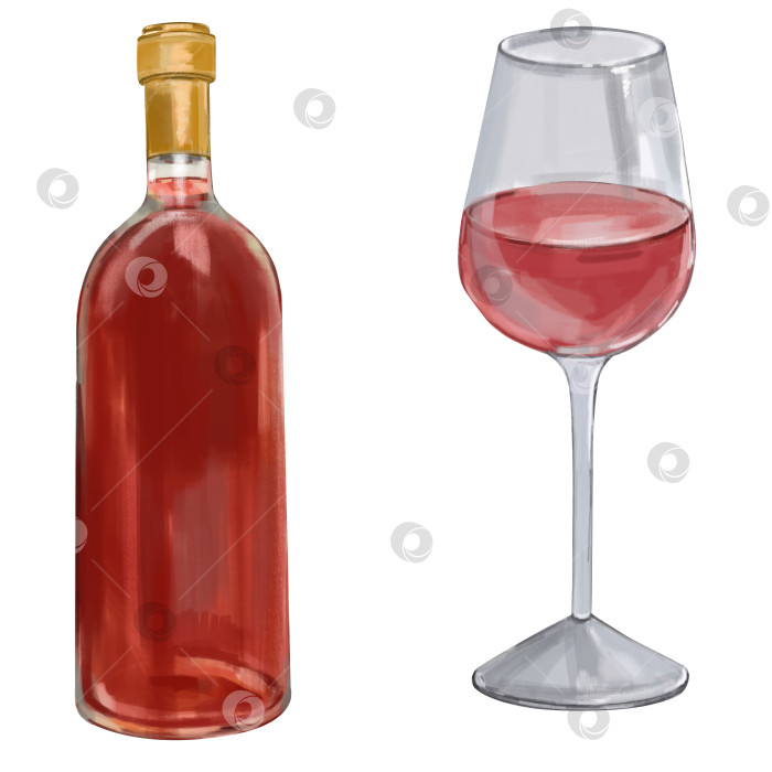 Скачать Акварельная бутылка красного вина с бокалом. Красивая реалистичная иллюстрация, нарисованная от руки. фотосток Ozero