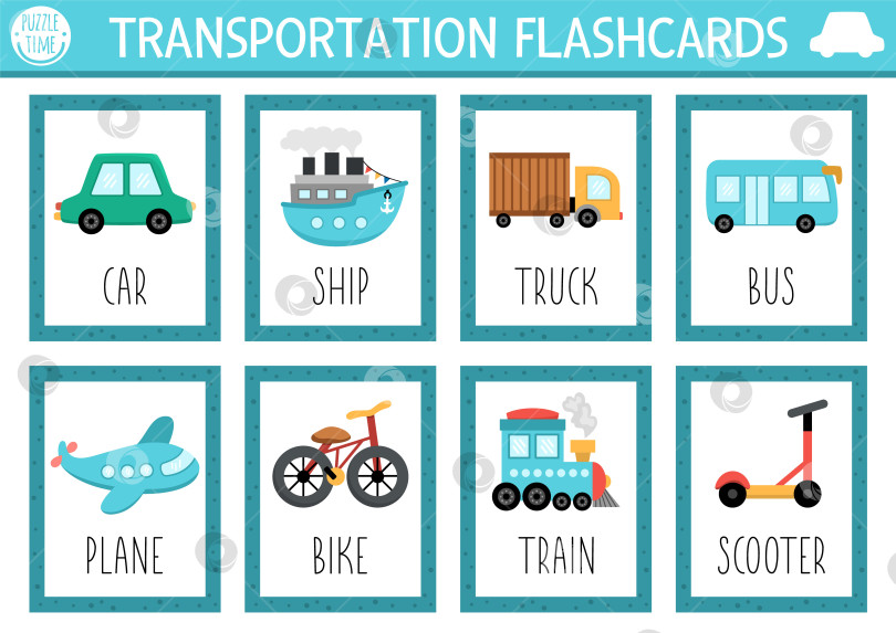 Скачать Набор векторных транспортных флэш-карт с автомобилем, кораблем, грузовиком, велосипедом фотосток Ozero
