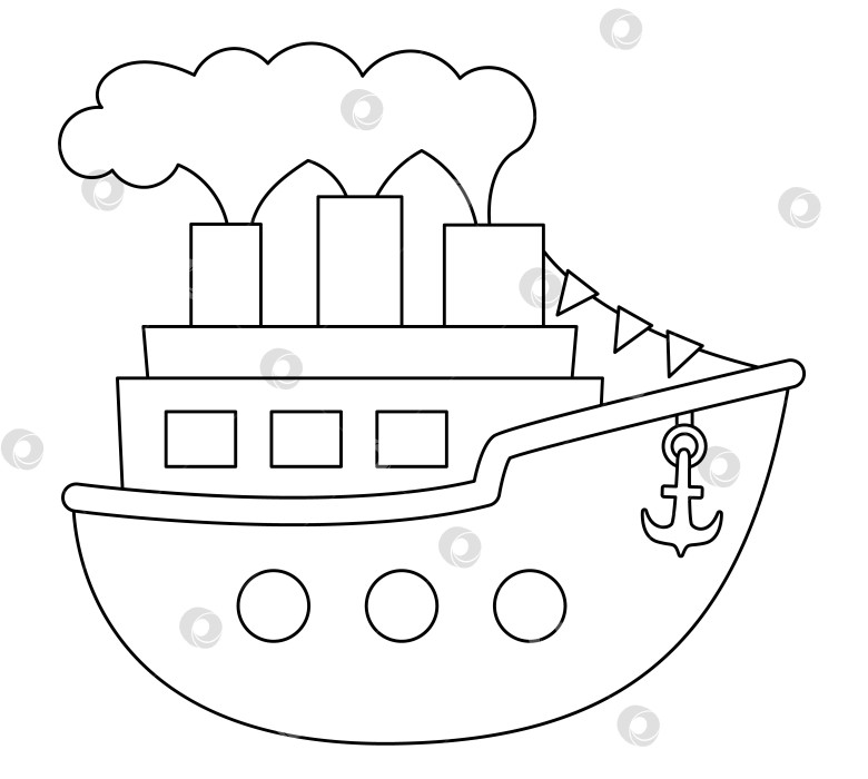 Скачать Векторный черно-белый пароход с трубами, паром, якорем, флагом фотосток Ozero