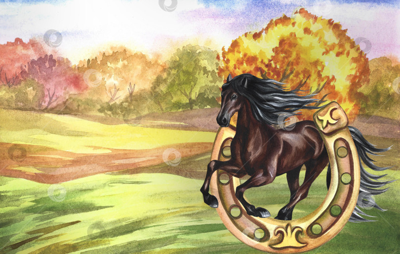 Скачать Лошадь перепрыгивает через подкову на фоне осеннего пейзажа. Ручная акварель. Для печати, наклеек фотосток Ozero