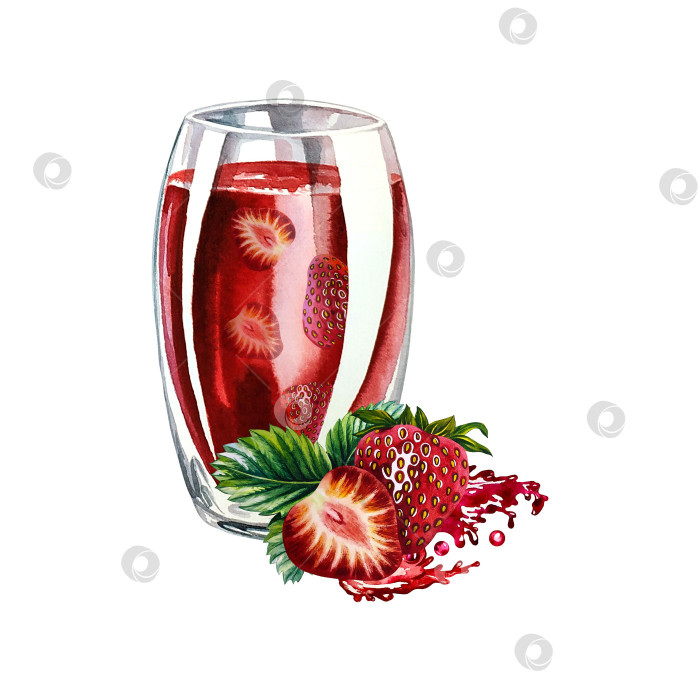 Скачать Красный сок в стакане, фруктовый напиток. Акварельная иллюстрация. Изолированный. Для оформления этикеток, упаковки и баннеров. фотосток Ozero