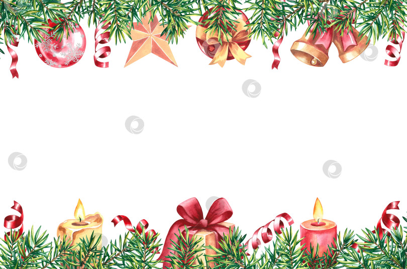 Скачать Праздничная рамка для рождественской открытки с рождественской елкой и праздничными украшениями, шарами, лентами и свечами. Акварель фотосток Ozero