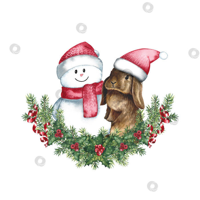 Скачать Кролик в шапке Санта-Клауса на ветках рождественской елки со снеговиком. Акварельная иллюстрация. Для пригласительных билетов. фотосток Ozero