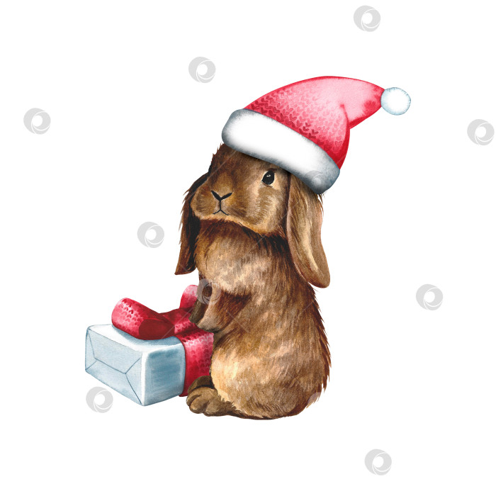 Скачать Кролик в шапке Санта-Клауса рядом с подарком. Акварельная иллюстрация. Для оформления поздравительных и пригласительных открыток фотосток Ozero