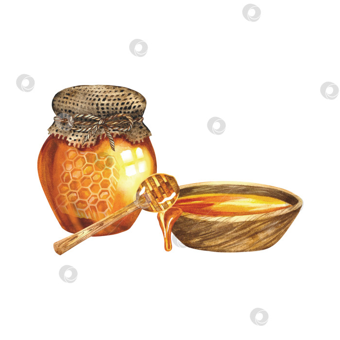 Скачать Медовая композиция. Акварельная иллюстрация. Стеклянная банка с медом, деревянная чашка и ложка для меда. Для дизайнерских решений фотосток Ozero