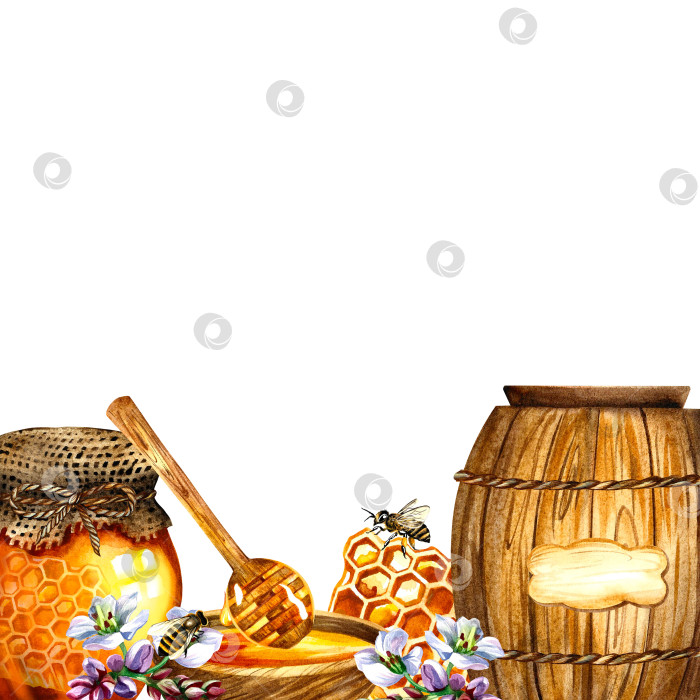 Скачать Медовый баннер с деревянными бочкообразными пчелами, сотами, цветами гречихи. акварельная иллюстрация. Для дизайнерских решений. фотосток Ozero