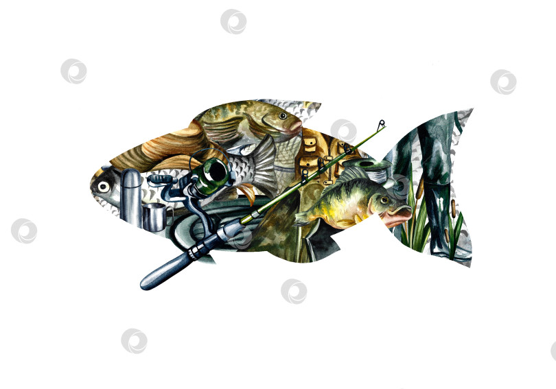 Скачать Рыбная ловля. Рыболовная снасть в форме рыбы. Изолировать на белом фоне. Акварельная иллюстрация. Дизайн для рыбалки фотосток Ozero