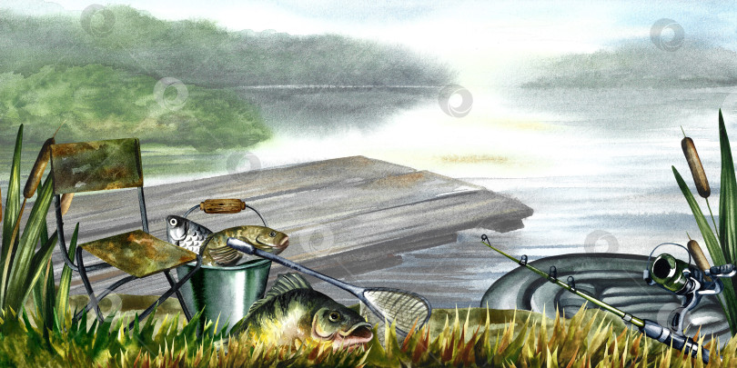 Скачать Рыболовный баннер. Акварельная иллюстрация. Пейзаж речной долины. Плакат с живописным видом фотосток Ozero