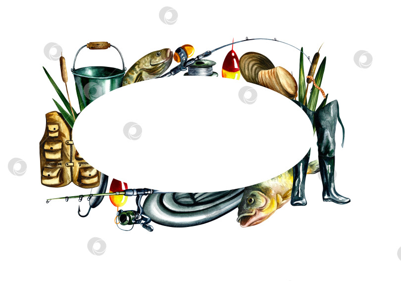 Скачать Рыболовная рама. Рыболовные снасти. Акварельная иллюстрация. Дизайн для рыбалки. фотосток Ozero