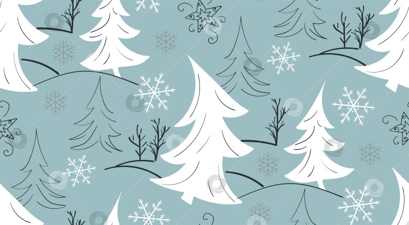 Скачать Зимний лес. Белые ели и другие деревья, снежинки на синем фоне. Рождественский бесшовный узор фотосток Ozero