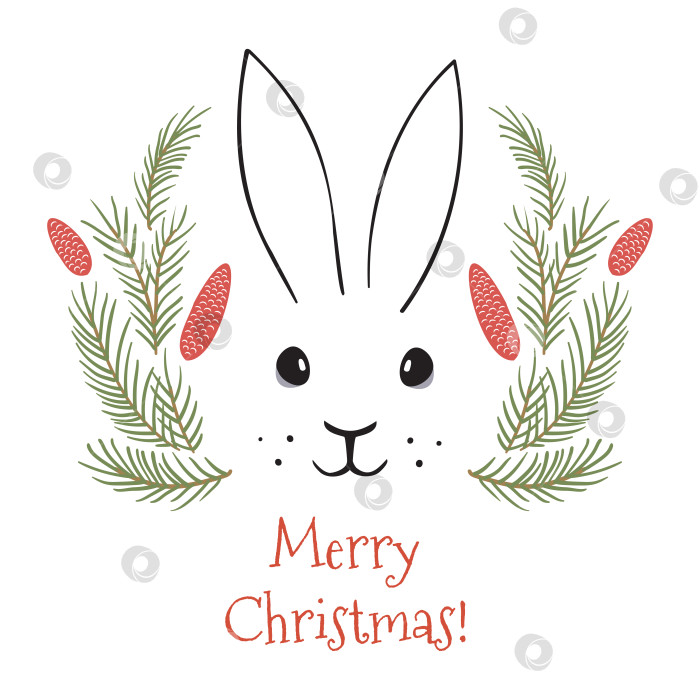 Скачать Кролик на еловой ветке. Рождественская векторная иллюстрация с мордочкой кролика. Портрет кролика фотосток Ozero