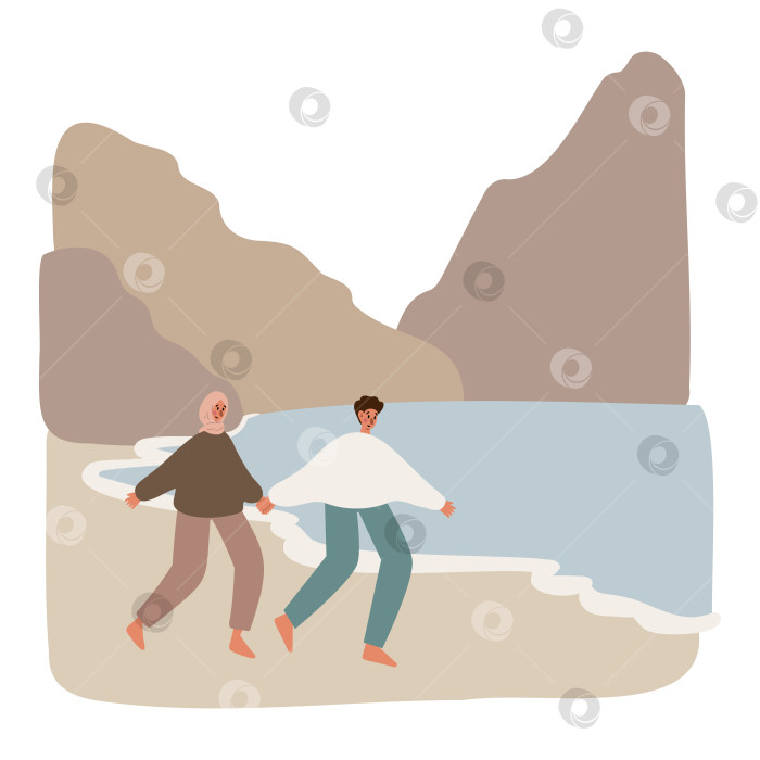 Скачать прибрежная иллюстрация, векторная женщина на пляже, клипарт для цифровой загрузки, пара летящих чаек, морской лев, картинки в формате PNG в плоском мультяшном стиле, приглашение на свадьбу. фотосток Ozero