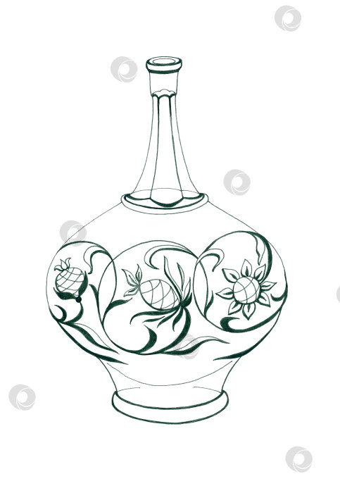Скачать Округлый пузатый прозрачный сосуд в древнегреческом стиле с изящным горлышком. По бокам вазы нанесен объемный растительный узор из вьющихся лиан с крупными цветами и плодами. фотосток Ozero