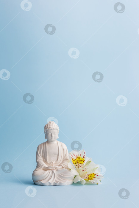 Скачать Фигурка Будды и цветы на голубом фоне. Праздник Весак. Ментальное здоровье и медитация. Выборочный мягкий фокус, место для текста фотосток Ozero